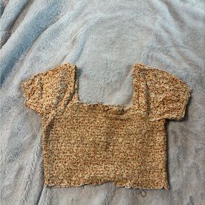 Aerie Gold Smocked Crop Blouse Cap Sleeve